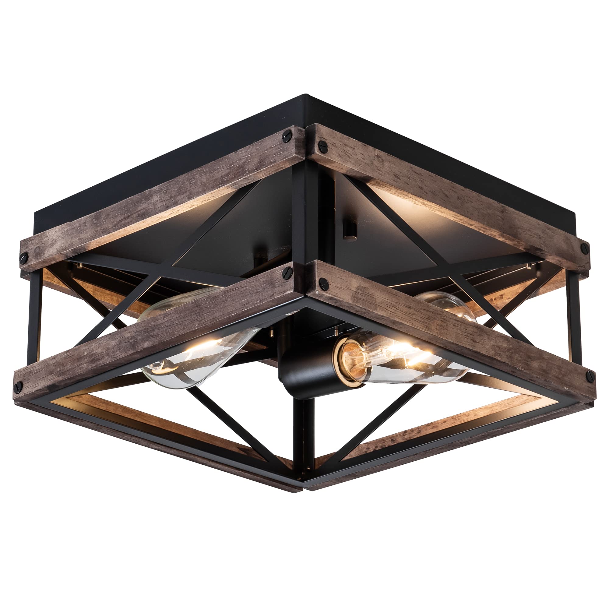 MAYNA 2-Light Industrial Ceiling Light Fixtures, Farmhouse Flush Mount Ceiling Light, Metal and Wood Square Dining Room Light Fixture for Hallway Bedroom Balcony Farmhouse,Black