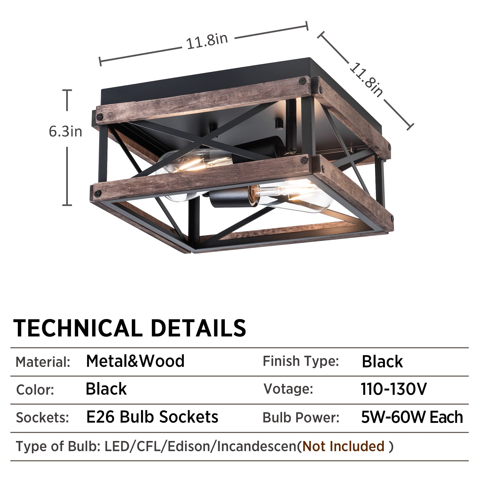 MAYNA 2-Light Industrial Ceiling Light Fixtures, Farmhouse Flush Mount Ceiling Light, Metal and Wood Square Dining Room Light Fixture for Hallway Bedroom Balcony Farmhouse,Black