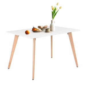 FurnitureR Minimalist Rectangle Dining Table with Round Beech Wood Legs for Home Kitchen Living Room Corner Small Spaces Leisure, 43.3 inches, White