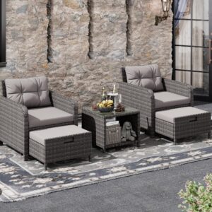 LHBcraft Balcony Furniture 5 Piece Patio Conversation Set, PE Wicker Rattan Outdoor Lounge Chairs with Soft Cushions 2 Ottoman&Glass Table for Porch, Lawn-Grey Wicker (Grey-Grey)