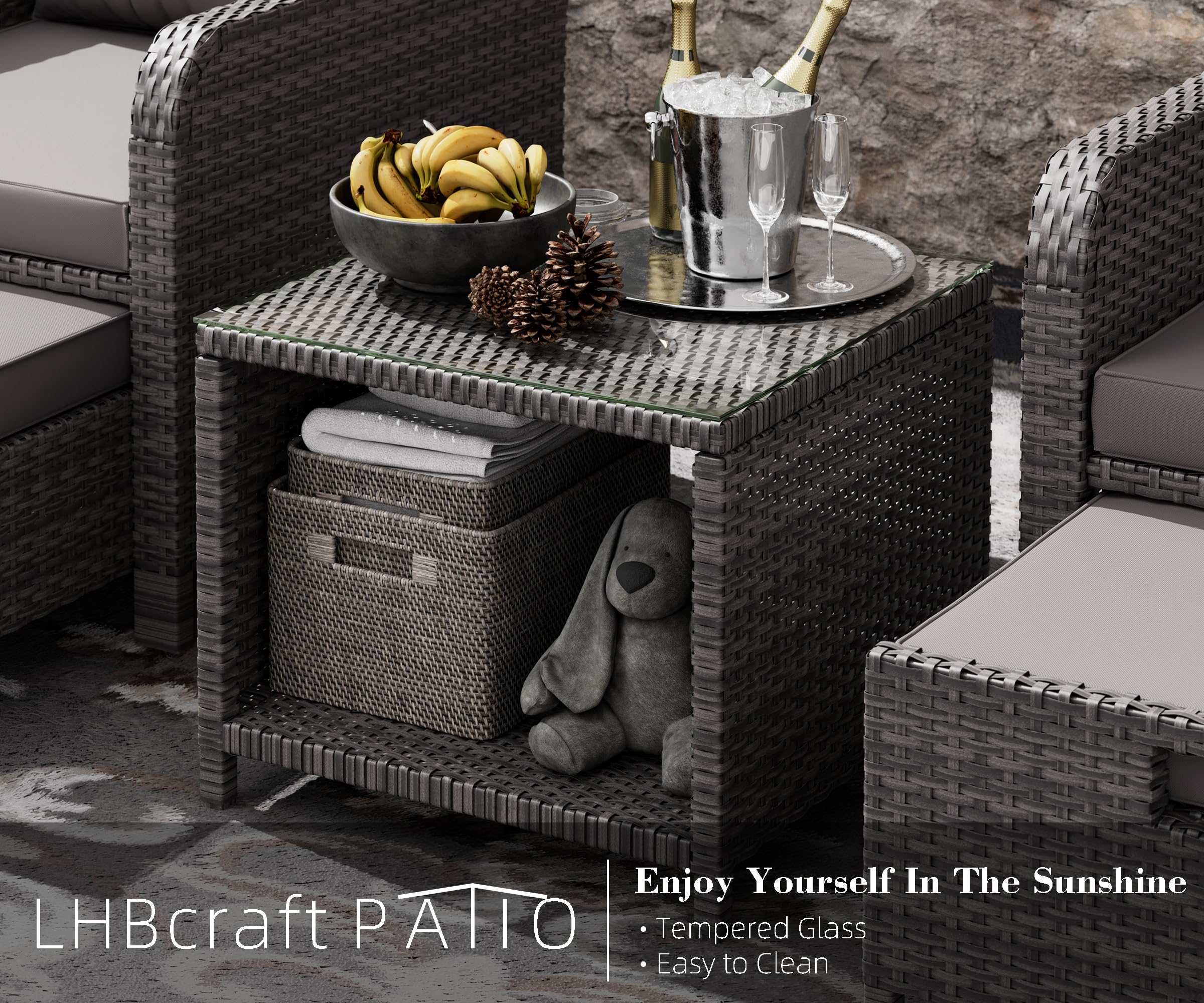 LHBcraft Balcony Furniture 5 Piece Patio Conversation Set, PE Wicker Rattan Outdoor Lounge Chairs with Soft Cushions 2 Ottoman&Glass Table for Porch, Lawn-Grey Wicker (Grey-Grey)