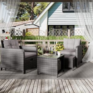 LHBcraft Balcony Furniture 5 Piece Patio Conversation Set, PE Wicker Rattan Outdoor Lounge Chairs with Soft Cushions 2 Ottoman&Glass Table for Porch, Lawn-Grey Wicker (Grey-Grey)