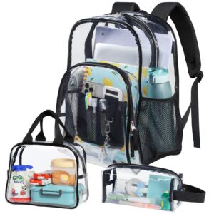 F-color Clear Backpack, Large Clear Backpack Heavy Duty with Lunch Bag Pencil Pouch for Student, Women, Men, School, Work, Travel, Transparent Backpack, Black, 17 inches