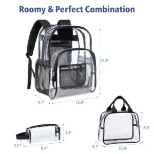 F-color Clear Backpack, Large Clear Backpack Heavy Duty with Lunch Bag Pencil Pouch for Student, Women, Men, School, Work, Travel, Transparent Backpack, Black, 17 inches