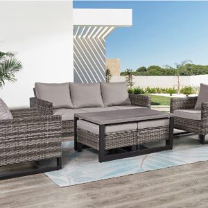 HUMMUH 6 Piece Patio Furniture All Weater Wicker Outdoor Sectional Sofa,High Back Patio Chairs,Coffee Table and Ottomans Set for Porch,Garden,Backyard