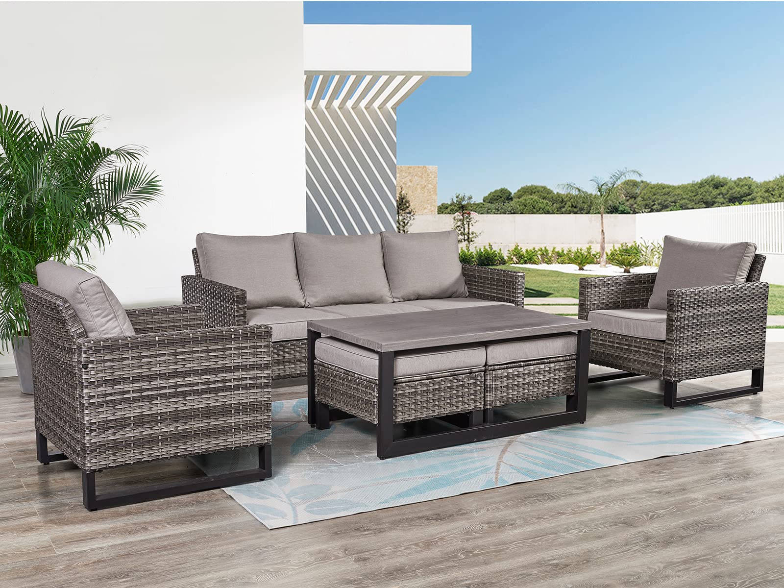 HUMMUH 6 Piece Patio Furniture All Weater Wicker Outdoor Sectional Sofa,High Back Patio Chairs,Coffee Table and Ottomans Set for Porch,Garden,Backyard