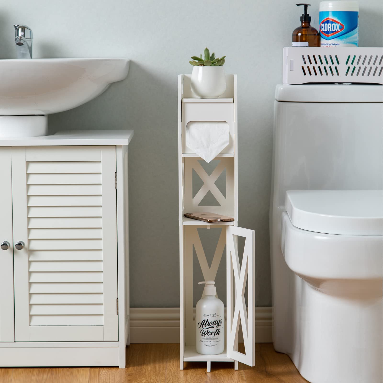 J JINXIAMU Small Bathroom Storage,Bathroom Storage Cabinet with Toilet Paper Holder Insert,Bathroom Stand for Small Space,White (30''H, Pure White)