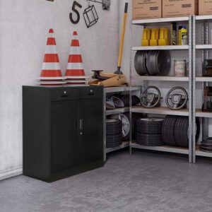 YEEZER Metal Storage Cabinet with 2 Drawers. Lockable Steel Storage Cabinet with Doors and Shelve, 37”H Office Cabinet for Home, Garage, Warehouse with Large Storage Space. (Black)