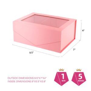 PACKQUEEN Pink Gift Box with Window, 9x6.5x3.8 Inches, Valentine's Day Clear Gift Box for Present Contains Ribbon, Card, Bridesmaid Proposal Box, Gift Box with Magnetic Lid (Glossy Pink)