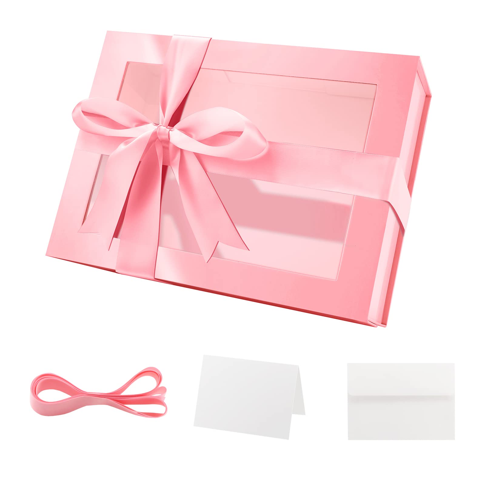 PACKQUEEN Pink Gift Box with Window, 9x6.5x3.8 Inches, Valentine's Day Clear Gift Box for Present Contains Ribbon, Card, Bridesmaid Proposal Box, Gift Box with Magnetic Lid (Glossy Pink)