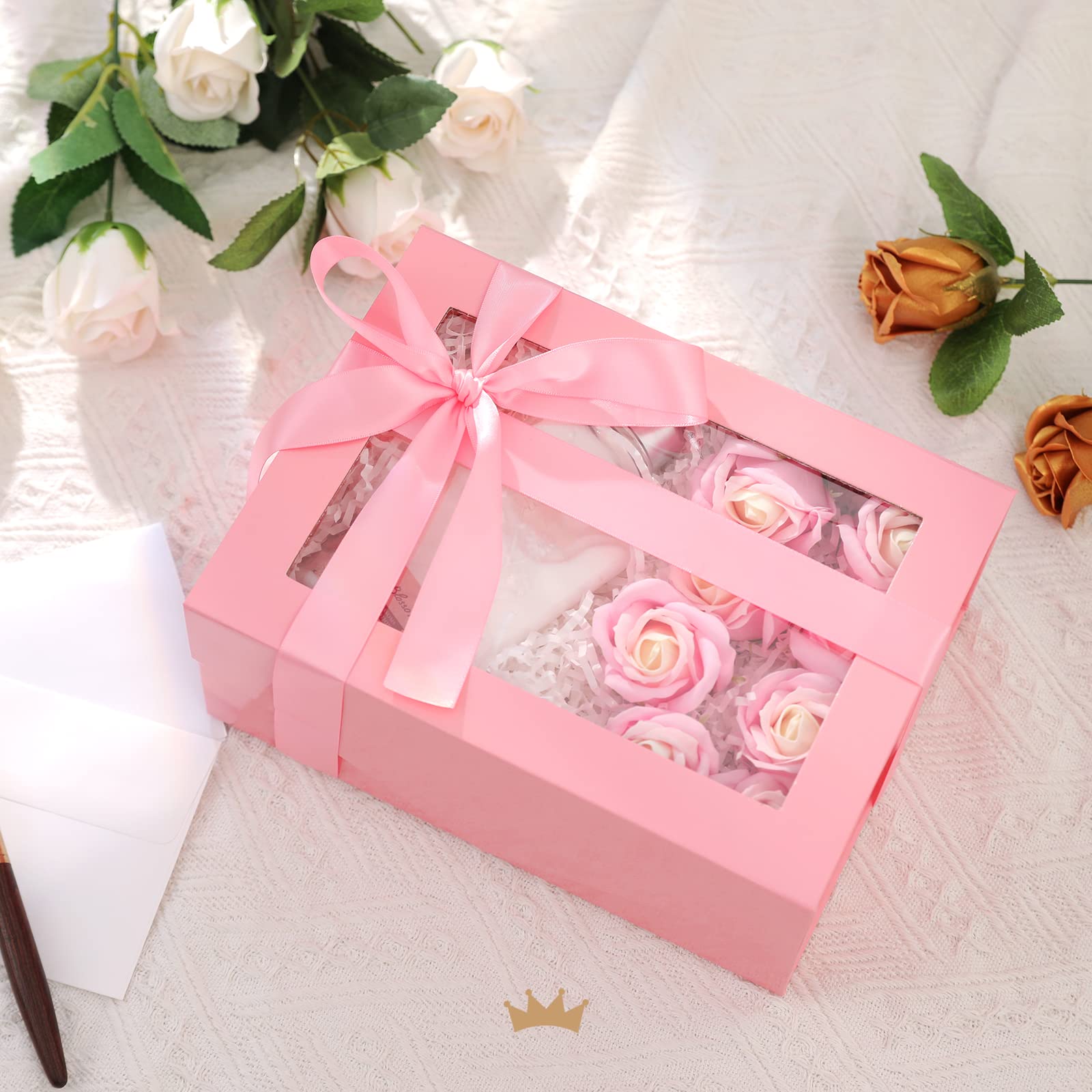 PACKQUEEN Pink Gift Box with Window, 9x6.5x3.8 Inches, Valentine's Day Clear Gift Box for Present Contains Ribbon, Card, Bridesmaid Proposal Box, Gift Box with Magnetic Lid (Glossy Pink)