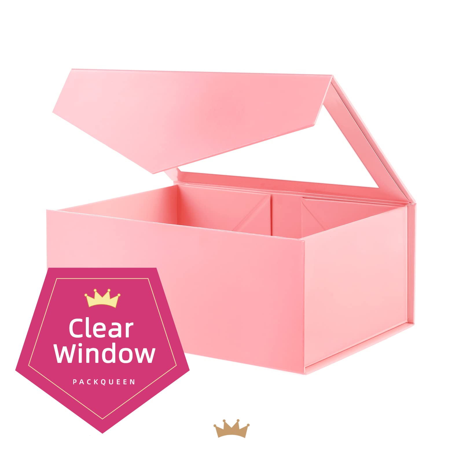 PACKQUEEN Pink Gift Box with Window, 9x6.5x3.8 Inches, Valentine's Day Clear Gift Box for Present Contains Ribbon, Card, Bridesmaid Proposal Box, Gift Box with Magnetic Lid (Glossy Pink)