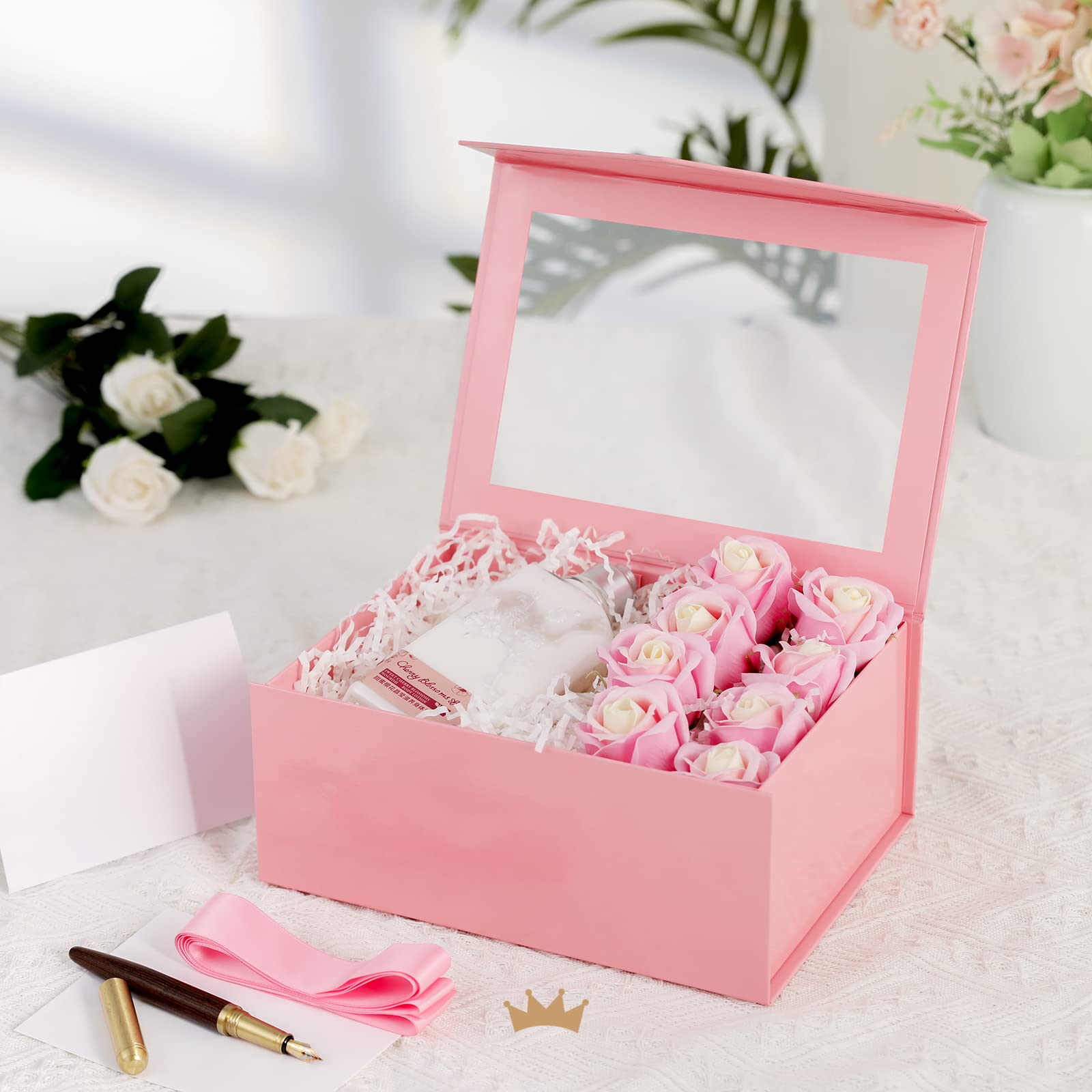 PACKQUEEN Pink Gift Box with Window, 9x6.5x3.8 Inches, Valentine's Day Clear Gift Box for Present Contains Ribbon, Card, Bridesmaid Proposal Box, Gift Box with Magnetic Lid (Glossy Pink)