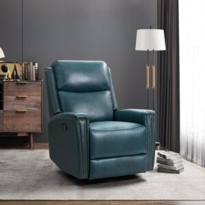 hulala home genuine leather swivel rocker recliner, manual glider recliner chair with adjustable backrest & footrest, modern home theater sofa armchair for bedroom living room, turquoise