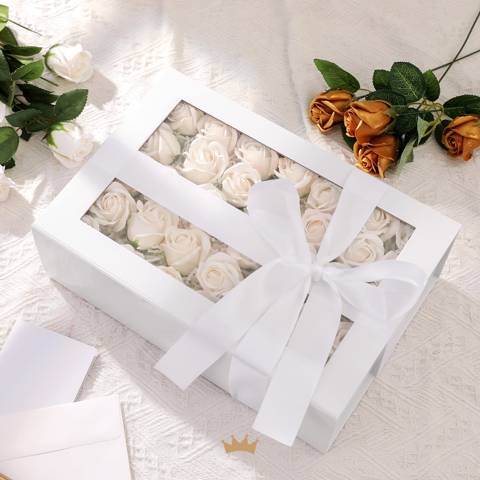 PACKQUEEN 5 Large White Gift Boxes with Windows, 13.5x9x4.1 Inches Clear Gift Boxes for Presents Contain Ribbons, Cards, Bridesmaid Proposal Boxes, Gift Boxes with Magnetic Lids (Glossy White)