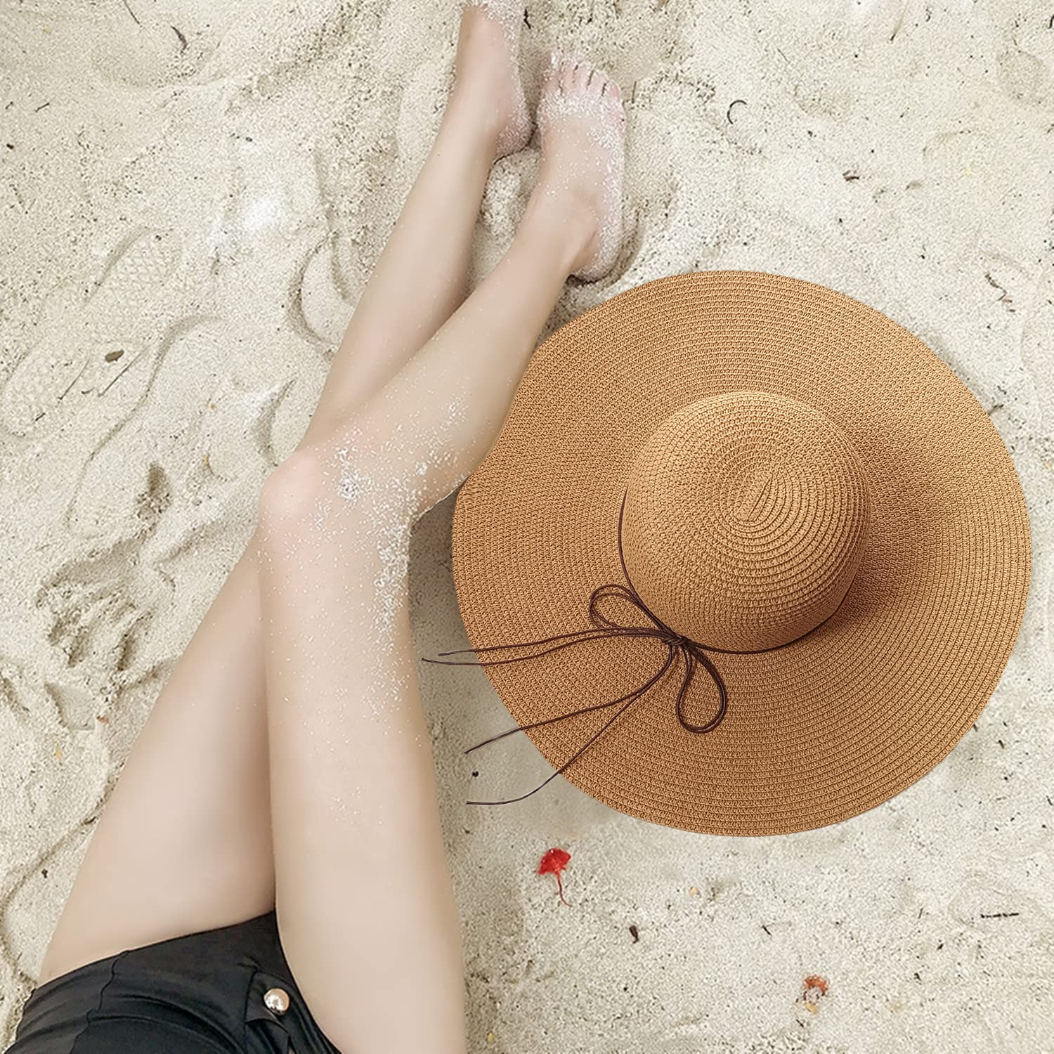 Floppy Big Beach Straw Hats for Women Foldable Summer Wide Brim Packable Oversized Sun Hat Womens Travel Straw Fedora Hat, Khaki-1