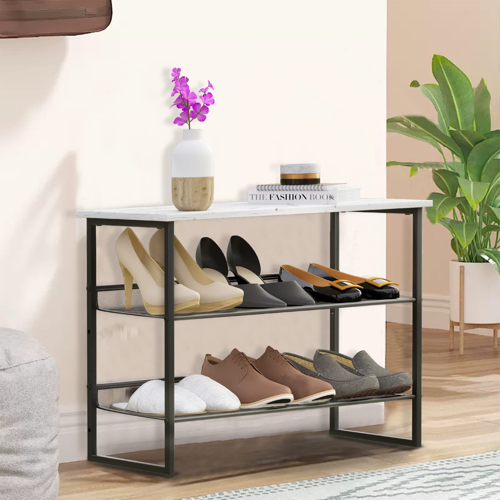 Garden 4 you 3 Tiers White Marble Shoe Rack,Freestanding Organizer Multi-Purpose Adjustable Flat and Slant Storage Rack Shoe Shelf, High Heels Potted Plant for Entryway Hallway Living Room Closet