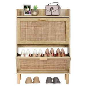 Finnhomy Extended Edition Shoe Cabinet with Natural Rattan Flip Drawers for Entryway, Free Standing 2 Tier Slim Shoe Organizer with Large Top Board, Shoe Cabinet with 3-gear Adjustable Width Drawers