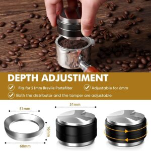 51mm Coffee Tamper and espresso Distributor，51mm Stainless Steel Espresso Dosing Funnel Set,Dual Head Coffee Leveler, Fits for 51mm Breville Portafilter, Adjustable Depth Espresso Hand Tamper