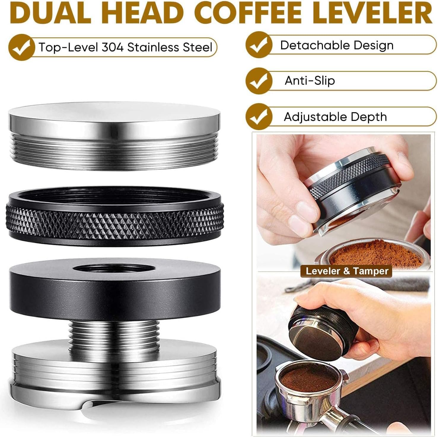 51mm Coffee Tamper and espresso Distributor，51mm Stainless Steel Espresso Dosing Funnel Set,Dual Head Coffee Leveler, Fits for 51mm Breville Portafilter, Adjustable Depth Espresso Hand Tamper