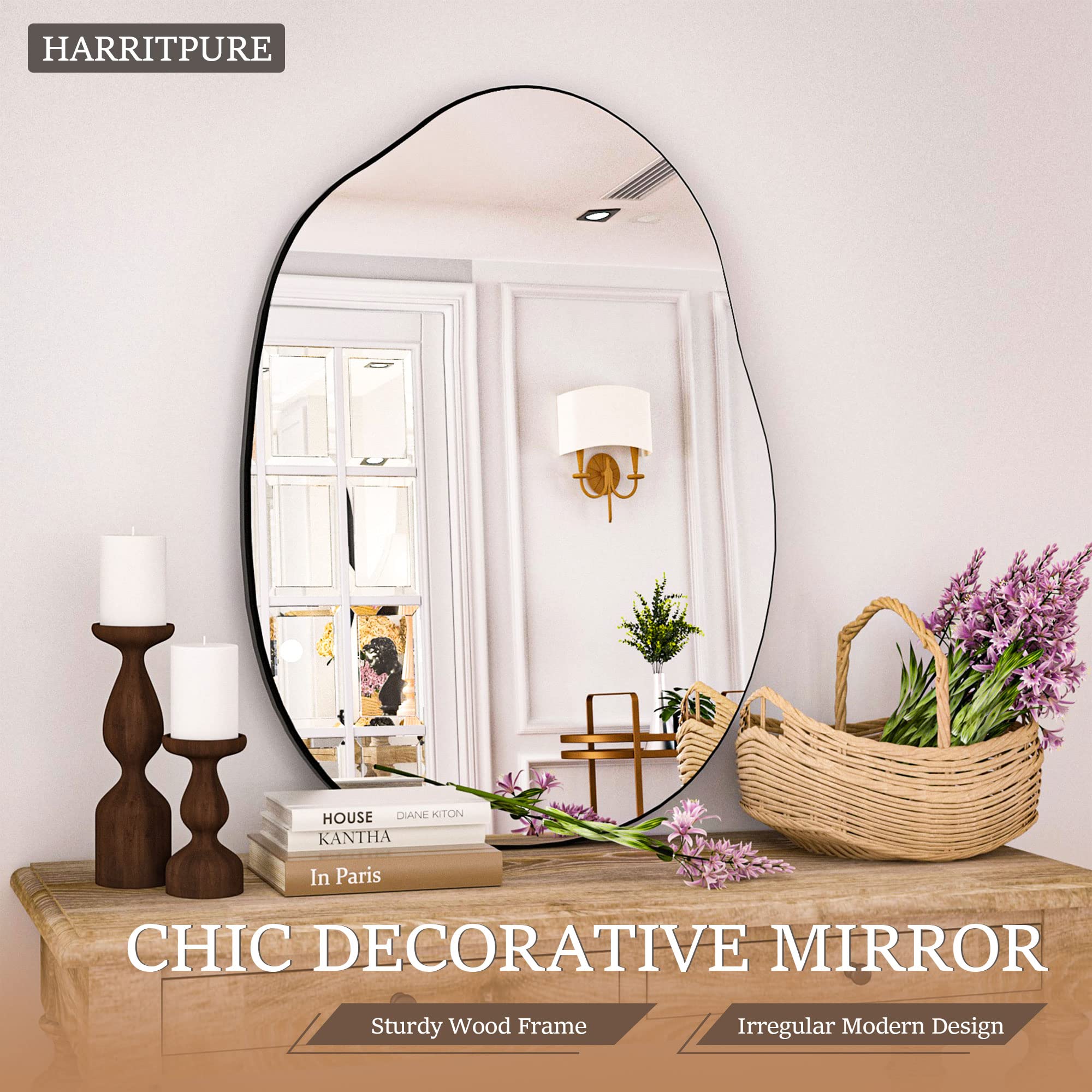 HARRITPURE Irregular Wall Mirror 26"x40" Black Asymmetrical Bathroom Mirror Wood Framed Modern Decorative Vanity Mirrors for Bedroom Living Room Entryway