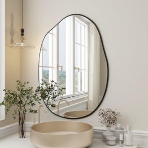 HARRITPURE Irregular Wall Mirror 26"x40" Black Asymmetrical Bathroom Mirror Wood Framed Modern Decorative Vanity Mirrors for Bedroom Living Room Entryway