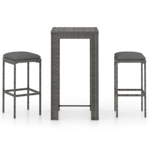 YUHI-HQYD 3 Piece Patio Bar Set with Cushions,Balcony Furniture,Bistro Set,Conversation Furniture,Perfect for Patio, Garden, Porch, or Front Yard Area, Poly Rattan Gray