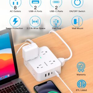 Surge Protector Power Strip, Extension Cord with Multiple Outlets, 5 Ft Ultra Thin Flat Plug 8 Outlets 4 USB Ports(2USB C),1080J Multi Plug Outlet Extender for Home Office College Dorm Room Essentials