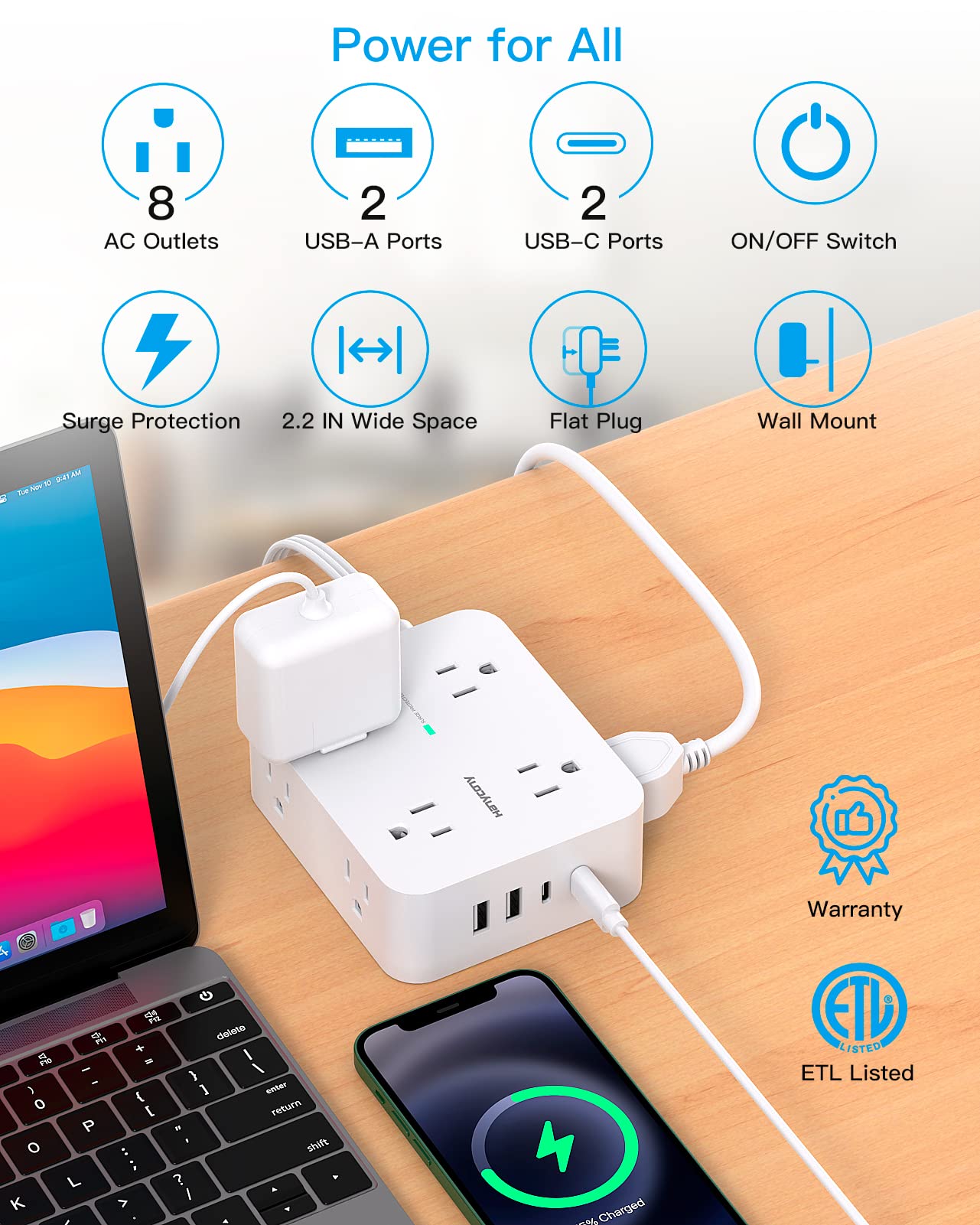 Surge Protector Power Strip, Extension Cord with Multiple Outlets, 5 Ft Ultra Thin Flat Plug 8 Outlets 4 USB Ports(2USB C),1080J Multi Plug Outlet Extender for Home Office College Dorm Room Essentials