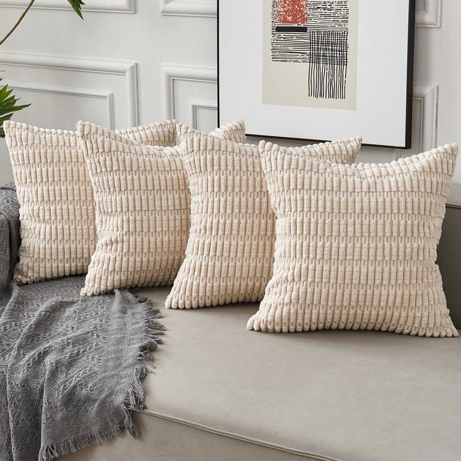 Junfawn Set of 4 Decorative Throw Pillow Covers 18 x 18 for Couch Sofa Bed, Soft Boho Striped Corduroy Cushion Cases for Living Room Decor, Cream White