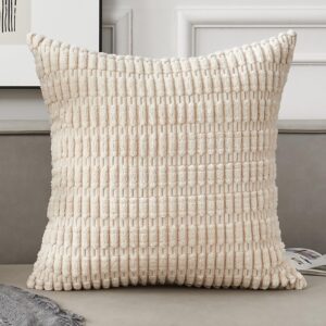 Junfawn Set of 4 Decorative Throw Pillow Covers 18 x 18 for Couch Sofa Bed, Soft Boho Striped Corduroy Cushion Cases for Living Room Decor, Cream White