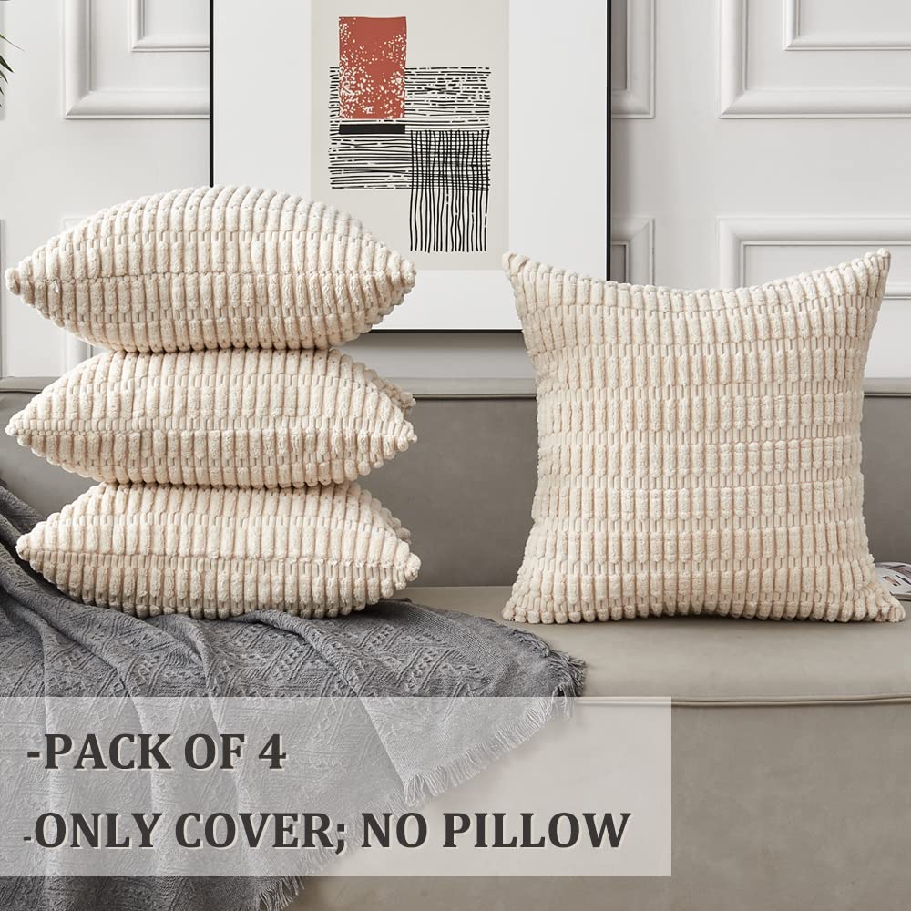 Junfawn Set of 4 Decorative Throw Pillow Covers 18 x 18 for Couch Sofa Bed, Soft Boho Striped Corduroy Cushion Cases for Living Room Decor, Cream White