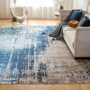 VK VK·LIVING Machine Washable Rug 8'x10' Abstract Washable Area Rugs with Non Slip Rugs for Living Room Bedroom Modern Woven Rug Carprt Stain Resistant, Washable Rugs Dining Room Office Boho Rug, Blue