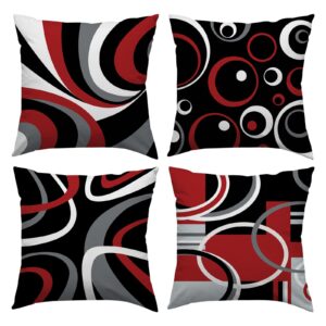 Mologle Red and Black Throw Pillow Covers 18x18 Set of 4,Grey Modern Abstract Pillowcases,Gray Geometric Circle Pattern Decor for Sofa Couch Living Room Bedroom Home Outdoor