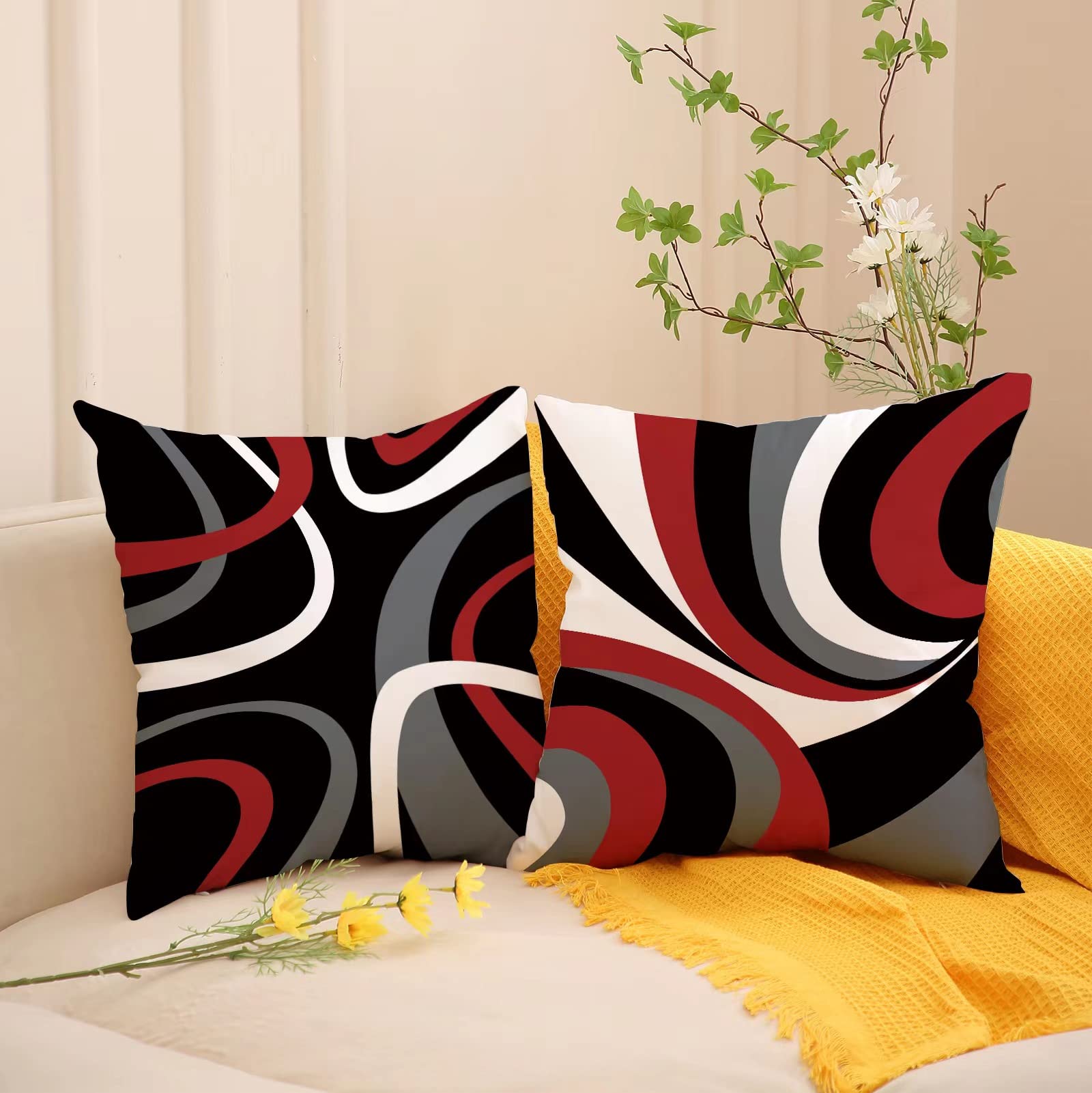 Mologle Red and Black Throw Pillow Covers 18x18 Set of 4,Grey Modern Abstract Pillowcases,Gray Geometric Circle Pattern Decor for Sofa Couch Living Room Bedroom Home Outdoor