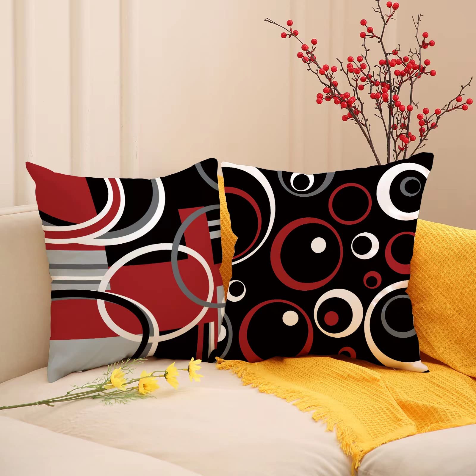 Mologle Red and Black Throw Pillow Covers 18x18 Set of 4,Grey Modern Abstract Pillowcases,Gray Geometric Circle Pattern Decor for Sofa Couch Living Room Bedroom Home Outdoor