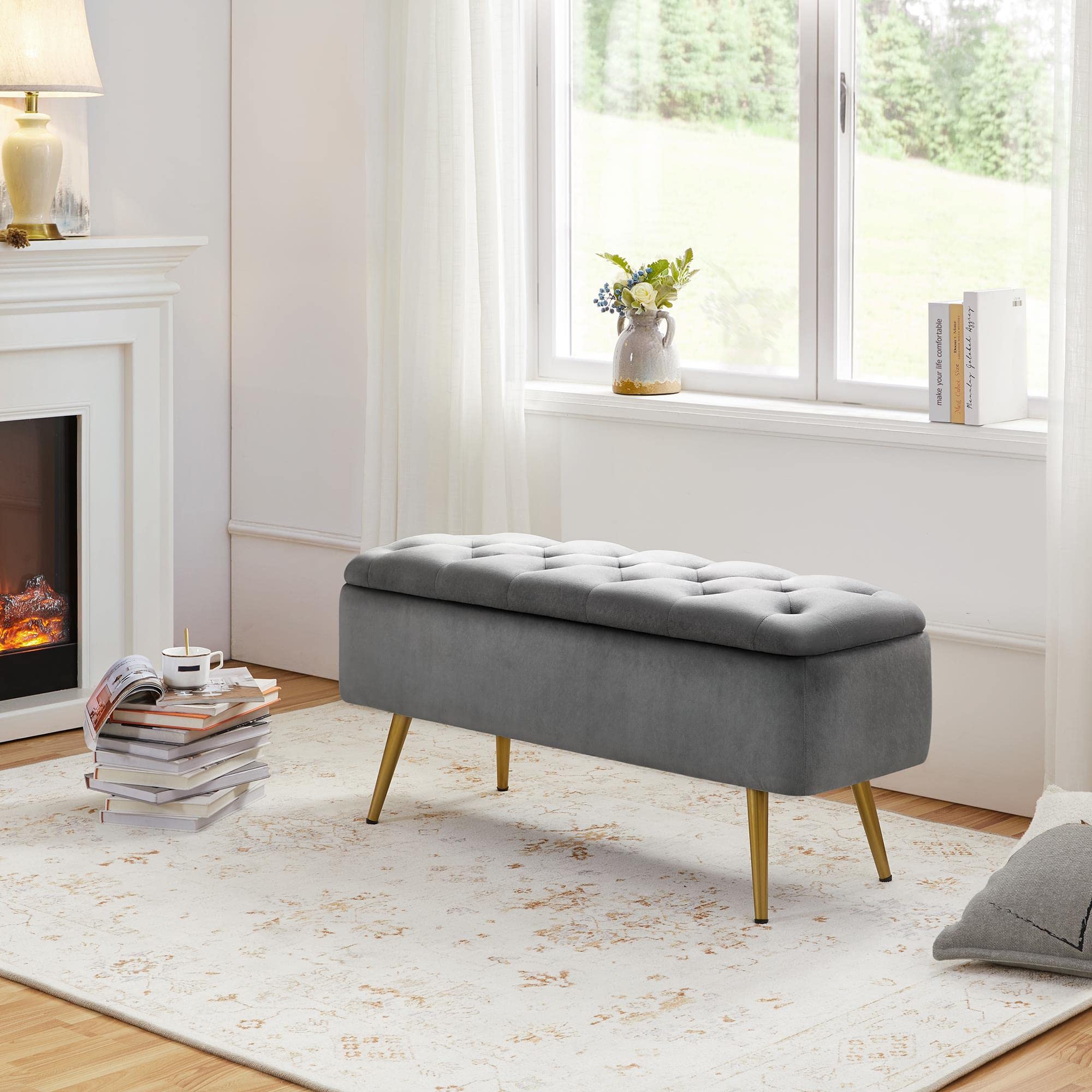 Yaheetech Ottoman 42 Inches Storage Bench with Storage Folding Polyester Boucle Bench Foot Stool Bench Hinged Stool Footstool Bench for Living Room Bedroom Entryway Gray