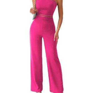 WDIRARA Women's Sleeveless Halter Tied Backless High Waist Belted Wide Leg Pants Elegant Jumpsuit Rompers Plain Hot Pink L