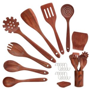 kitchen utensils set,16 pcs,wooden spoons for cooking, natural teak nonstick spatula with spoon rest, comfort grip,premium quality house warm sweet gifts