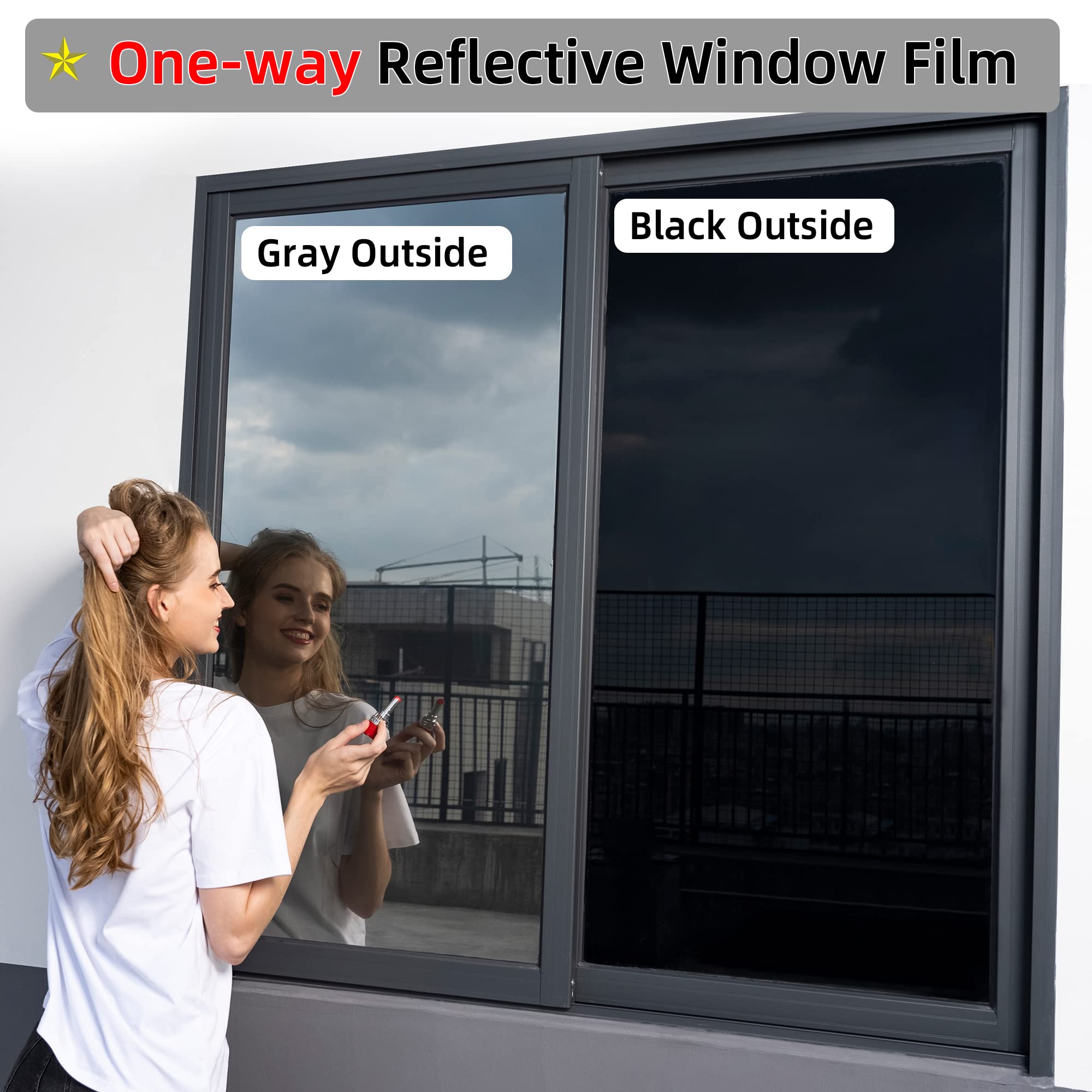 FuFin One-way Window Privacy Film with Free Installation Tools,Premium PET Material,Heat Control 99% UV Blocking and Privacy protection Window Film.Window Tint for Home Office (Grey 17.5"×78.7")