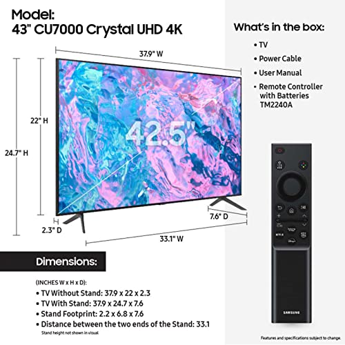 SAMSUNG 43-Inch Class Crystal UHD CU7000 Series PurColor, Object Tracking Sound Lite, Q-Symphony, 4K Upscaling, HDR, Gaming Hub, Smart TV with Alexa Built-in (UN43CU7000, 2023 Model)