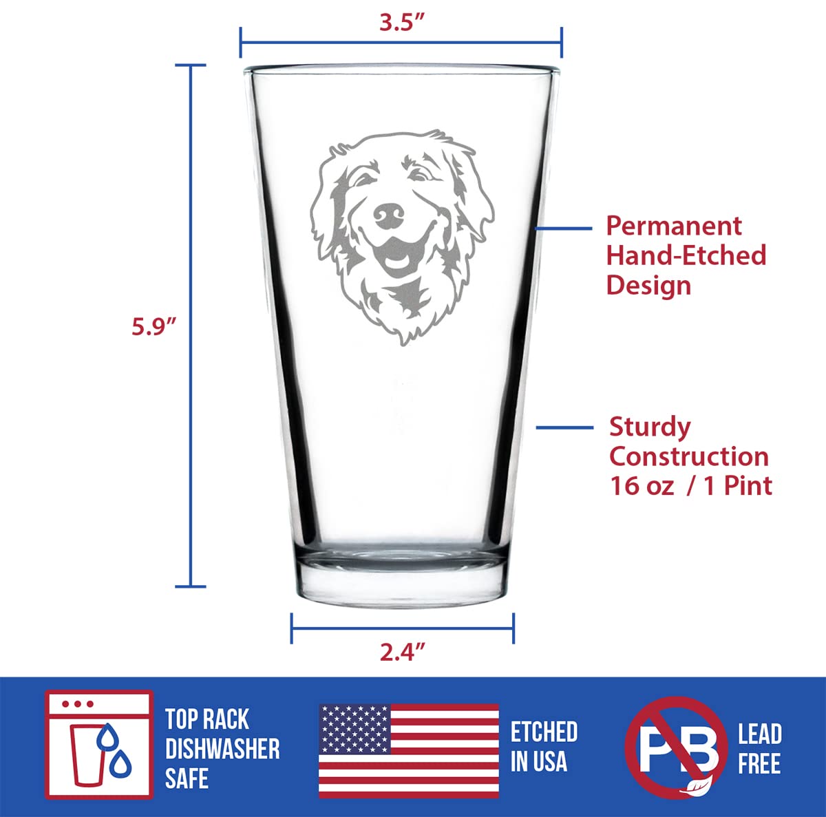 Happy Golden Retriever Pint Glass for Beer - Cute Gifts for Dog Lovers with Golden Retrievers - 16 Oz Glasses