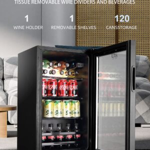 KRIB BLING Beverage Refrigerator Cooler 120 Can Freestanding Beverage Cooler with Adjustable Shelving Glass Door for Beer Soda or Wine for Home Office or Bar