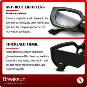 Breaksun Thick Frame Blue Light Glasses for Women Men Fashion Oversized Square Computer Gaming Eyeglasses (Black)