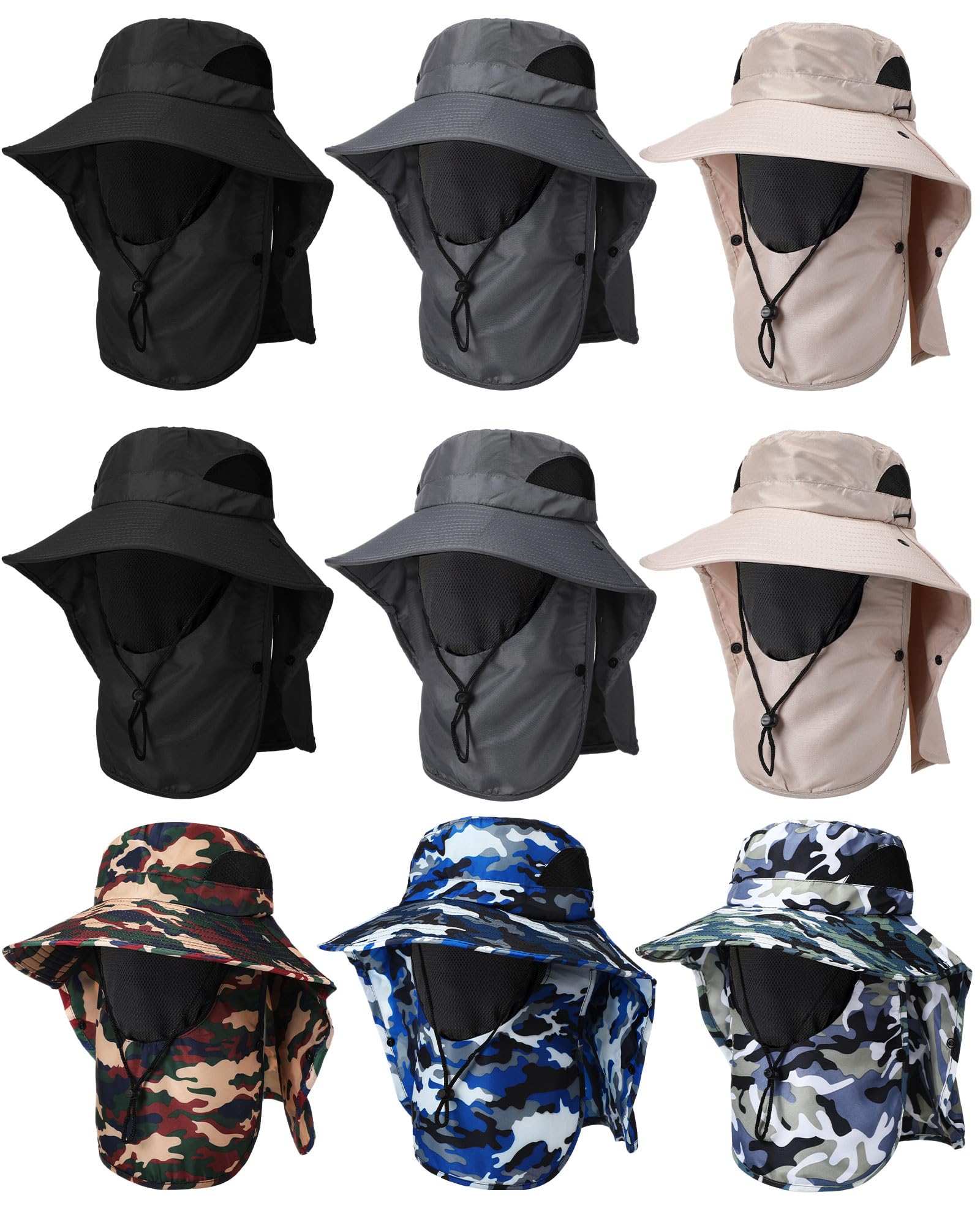 9 Pcs Summer Fishing Hat Women Men Sun Hats with UV Protection Wide Brim Outdoor Hat with Face Cover and Neck Flap Rollable Fishing Cap with Removable Face Flap for Gardening Hiking Beach, 7 Colors