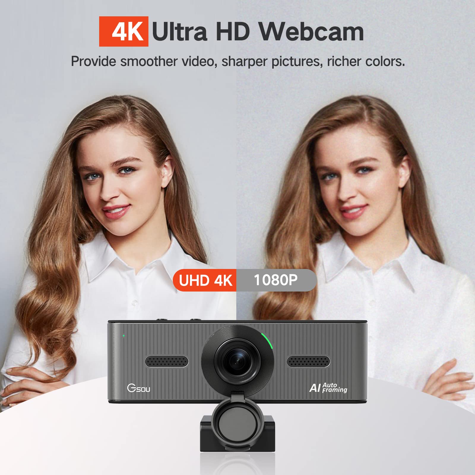 Gsou 4K Webcam with Noise Canceling Mic, AI Tracking Webcam 4K, 4k web cam wide angle 120°, Sony 4K Sensor, with Privacy Cover, and Dual Mics, 4k Webcam for PC/Streaming/Laptop/Conference/Zoom Meeting