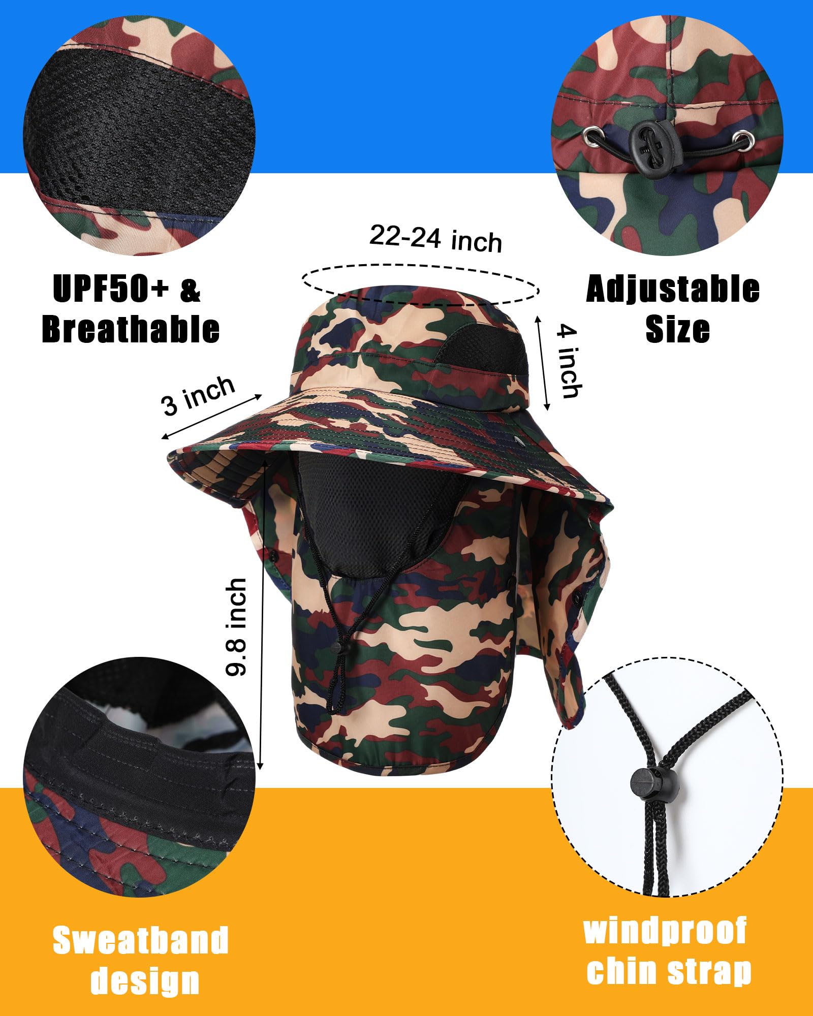 9 Pcs Summer Fishing Hat Women Men Sun Hats with UV Protection Wide Brim Outdoor Hat with Face Cover and Neck Flap Rollable Fishing Cap with Removable Face Flap for Gardening Hiking Beach, 7 Colors