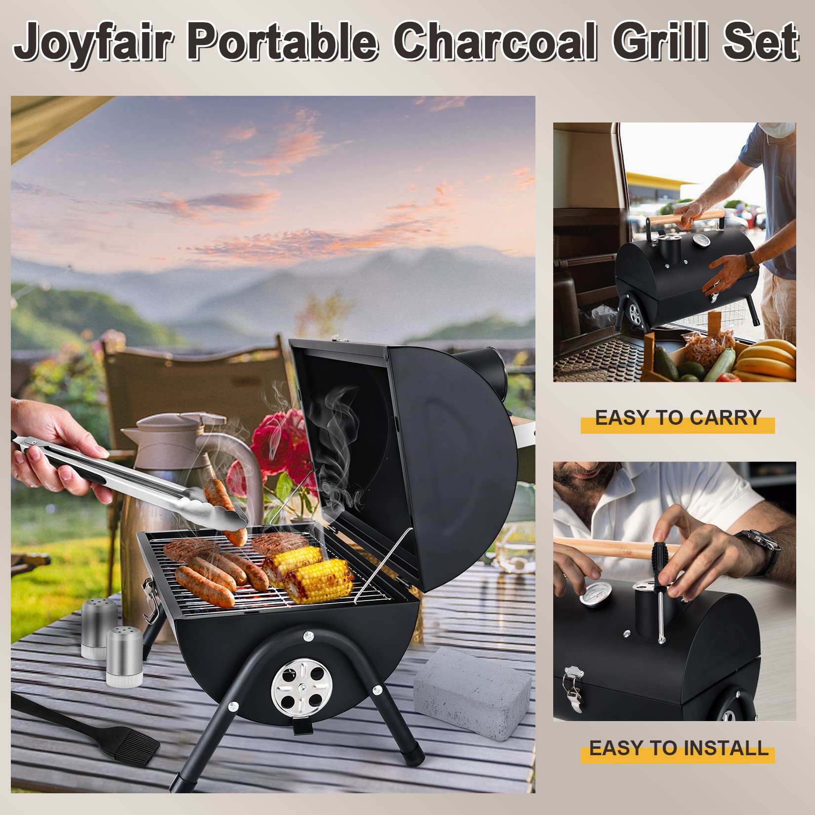 Joyfair Portable Charcoal Grill Set, Small Tabletop Barbecue Grill with Accessories Tools for Outdoor Camping BBQ Grilling Backyard Party Cooking, Heavy Duty & Innovative Design, Thermometer & Chimney