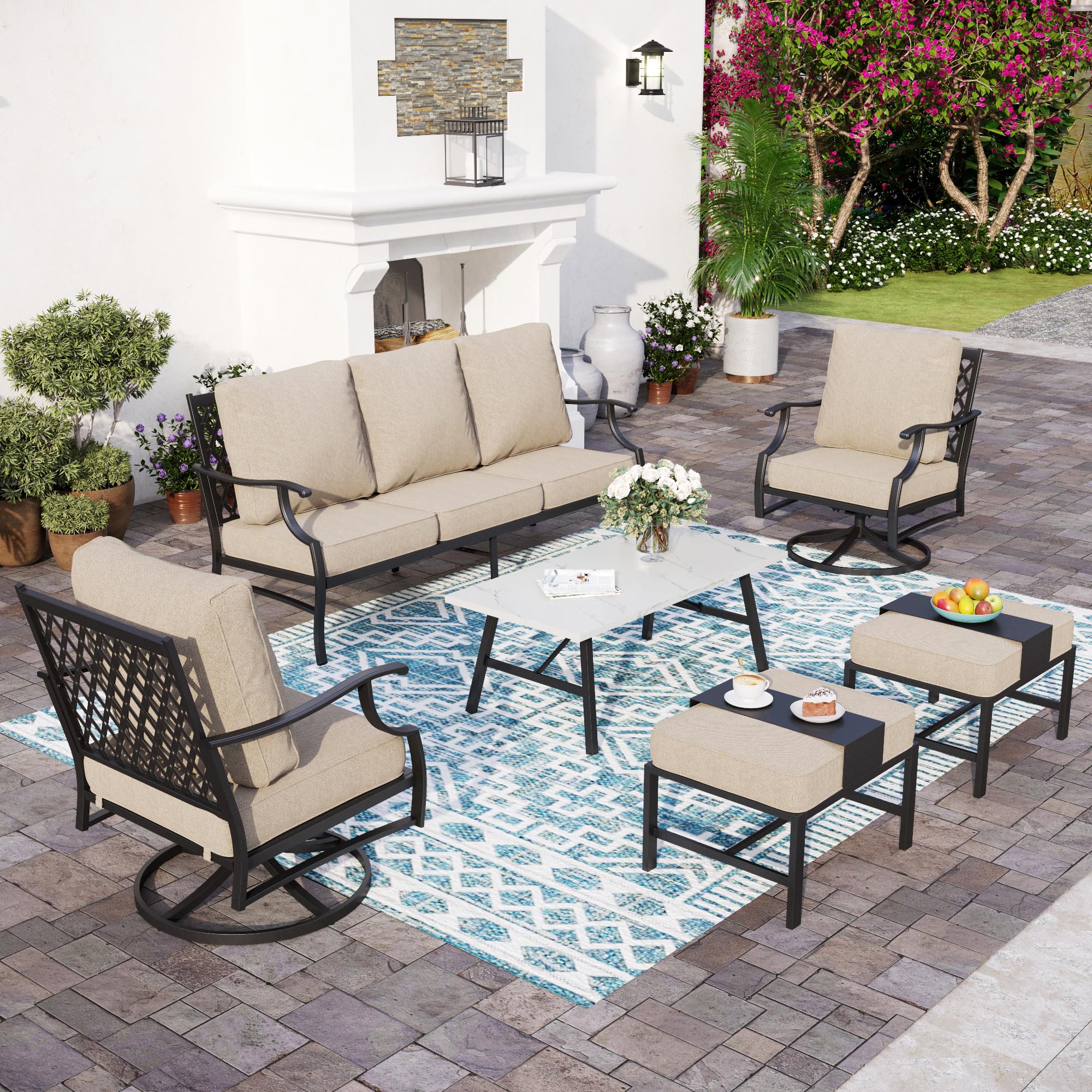 SUNSHINE VALLEY Patio Furniture Set, Modern Metal Outdoor Patio Furniture, 3 Seater Sofa, 2 Swivel Chairs, 2 Ottomans, Coffee Table and 5.75" Extra Thick Cushion, Patio Conversation Set for Backyard