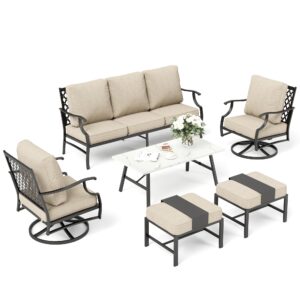 SUNSHINE VALLEY Patio Furniture Set, Modern Metal Outdoor Patio Furniture, 3 Seater Sofa, 2 Swivel Chairs, 2 Ottomans, Coffee Table and 5.75" Extra Thick Cushion, Patio Conversation Set for Backyard